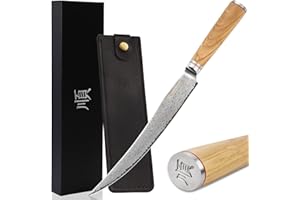 YOUSUNLONG Coltello per affettare e intagliare 25,4 cm Acciaio di Damasco martellato giapponese - Affilato come un rasoio - Manico in legno d'ulivo italiano con fodero in pelle - Affetta prosciutto