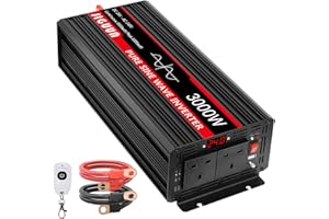 JIGUUN 3000W Pure Sine Wave Inverter 24V to 240V 230V car converter 6000W peak with LED Display,2 AC UK Outlets and 1 USB port-Wireless remote control-for RVs,trucks,camping,emergencies,etc.