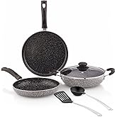 Amazon Brand - Solimo 6 Piece Non-Stick Cookware Set | Granite Finish | Induction Base | PFOA Free | HTR Exterior Coating | 2