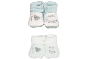 Trois Kilos Sept - Chaussons bébé - Collection"J'aime mon Tonton"/"J'aime ma Tata" - Lots 2 paires (Bleu Blanc)