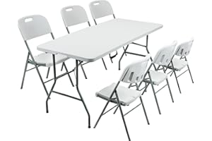 Crystals 6FT White Folding Trestle Table with 6 Folding Camping Chairs - Heavy-Duty Dining Set for Indoor and Outdoor Events, Suitable for Picnics, BBQs, Camping, Parties, and Everyday Use