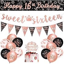 16. Geburtstag Deko Mädchen - Stoff Banner 180x90cm Rosegold