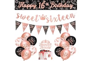Girls 16th Birthday Decorations Black Rose Gold Sweet Sixteen Decorations 16 Pack Girls Happy 16th Birthday Banner Bunting Kit by Sheinly