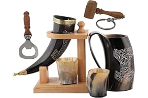 GALAXY INDIACRAFT Viking Corne de bœuf | Chope | Tasse | Tasse pour bière, hydromel, vin, verre à liqueur, décapsuleur | 100 % sans fuite | Naturel et fait à la main | Offres combinées (1 corne avec support en bois)