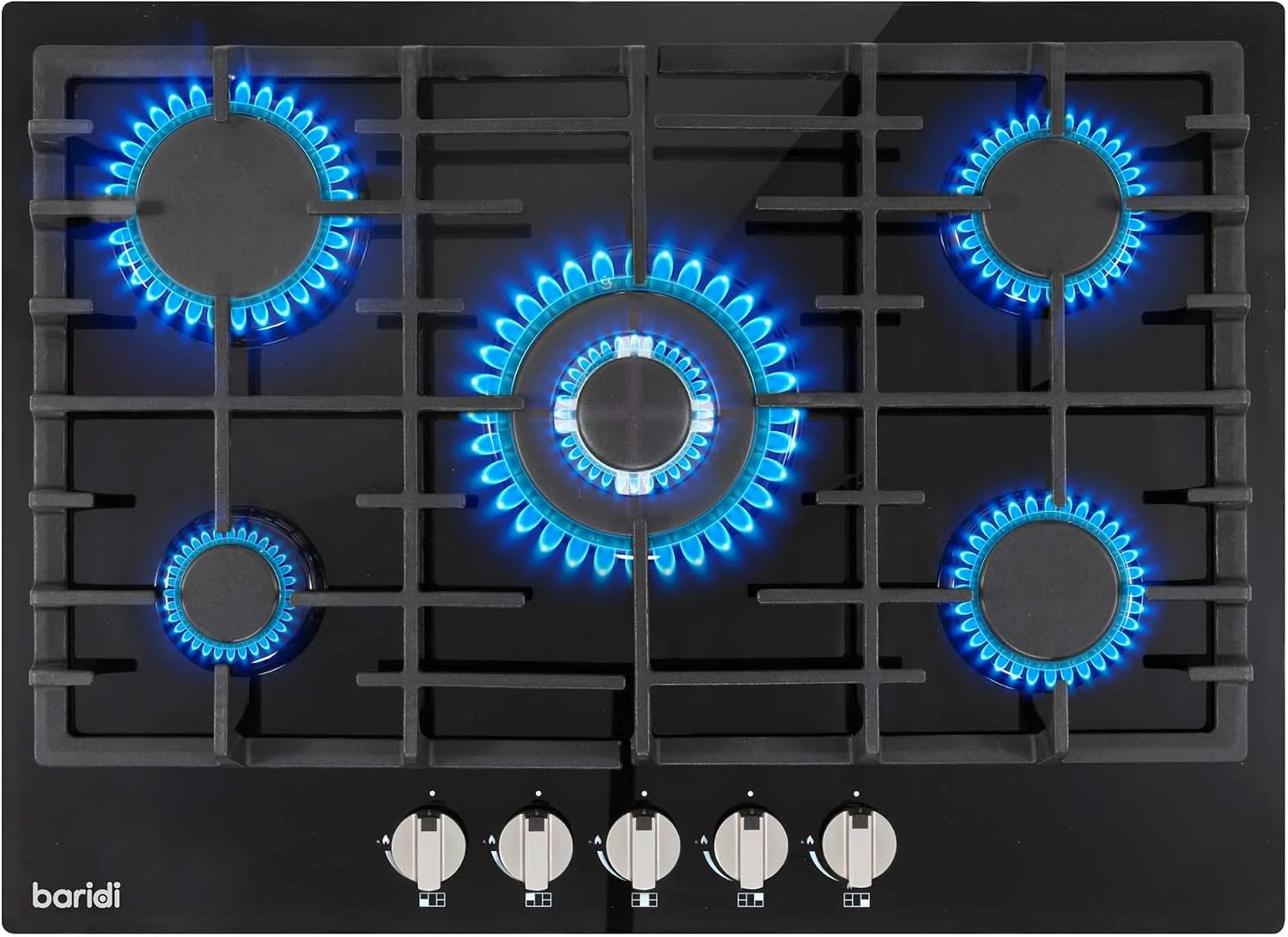 Baridi 70cm Gas on Glass Hob with 5 Burners, Cast Iron Pan Supports and Auto Ignition, 11kW, Black Glass - DH228