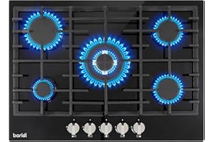 DELLONDA Baridi 70cm Gas on Glass Hob with 5 Burners, Cast Iron Pan Supports and Auto Ignition, 8kW, Black Glass - DH228