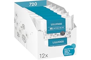Salviettine gettabili nel WC LILLYDOO, 720 pezzi (12 x 60), 100% in tessuto senza plastica, senza profumi e delicate sulla pelle