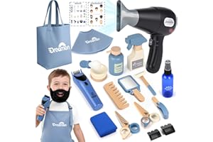 Dreamon Holz Friseur Set Kinder, Kids Barber Shop Salonspielzeug Hairdressing Set mit Haartrockner Rasierer Kunstbart Schürze und Aufbewahrungstasche Geschenk Für Jungen 3 4 5 6