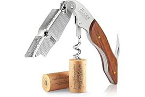 FLOW BARWARE Flow Cavatappi 3 in 1, con apribottiglie e tagliacapsule, per cameriere, per bottiglie di vino, manico in palissandro ed estrattore di tappi a doppia cerniera in acciaio inossidabile