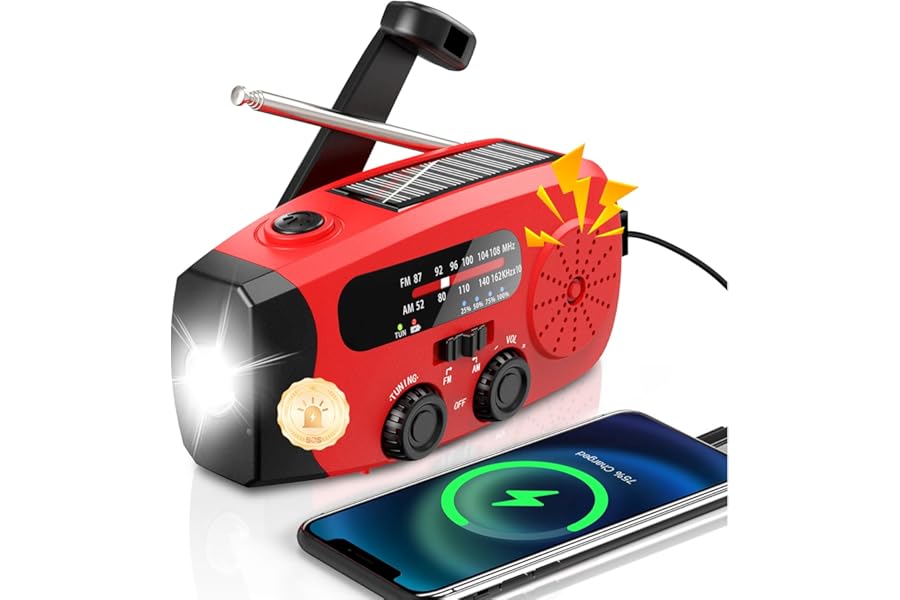 Wind Up Solar Radio, Emergency Radio, Portable Hand Crank Radio, AM/FM Radio with LED Torch, 7400mWh Rechargeable Power Bank, SOS Alarm, USB Phone Charger, Emergency Use for Camping Hiking (Red)