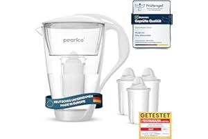 ‎PEARLCO PearlCo Glas-Wasserfilter (weiß) Glaskanne mit 3 Classic Filterkartuschen – Reduzierung von Kalk & Schwermetall – Schützt Geräte – Besserer Geschmack von Kaffee & Tee – Made in EU