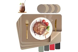 HELI MIAO Podkładki stołowe, zmywalne, skórzane, odporne na wysokie temperatury, dwustronne, zestaw 6 podkładek o wyglądzie skóry, z podstawkami, podstawkami (brązowe + opalanowe)