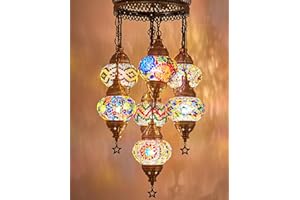 DEMMEX Lámpara de araña de mosaico marroquí turco con cable duro, lámpara colgante de techo, hecha a mano, 7 globos personalizables, cableados, 37-95 cm de altura