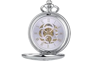 ÖSSZEFUT Pocket Watch with Chain Roman Numerals Hollow Mechanical Pocket Watches for Men Double Cover
