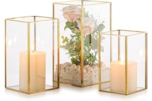 Nuptio Portavelas de Vidrio - Juego de 3 Faroles Decorativos para Velas de Pilar, Portavelas de Vidrio Templado para Boda Navidad Halloween Salón Chimenea Decoración del Hogar Oro