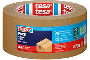 tesa tesapack STRONG PAPER - paketband av papper - Brun - 50 m x 50 mm | Papperstejp som går att riva av för hand - papperstejp för medelstora paket - tillverkad av 92 % förnybara material