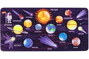 LAPONO Puzzle de Système Solaire en Bois pour Enfants Casse-tête de l'espace avec Soleil et Planètes Jeu de Société Cognitif Éducative de Colorée Jouets Scientifiques pour Garçons Filles（F）