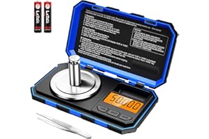Báscula Digital de Precisión 50g/0.001g, ORIA Mini Bilancia da Cucina con Peso di Calibrazione 50 g e Pinzette, Bilancia Tascabile con Display Tara e Retroilluminato (Batterie Incluse) - Blu