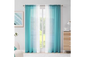 Melodieux Zasłony z taśmą marszczącą ombre przezroczyste zasłony do salonu, zestaw 2 sztuk, 225 x 140 cm niebiesko-zielone