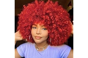 QUEENTAS Pelucas afro para mujer, peluca afro rizada con flequillo, sin pegamento, estilo disco de los años 70, peluca afro de pelo sintético para Halloween (10 pulgadas, rojo)
