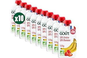 GOOD GOÛT - Gourdes Fraise Banane - Purée Bébé - Dès 4 Mois - 50% Banane, 50% Fraise - Sans Sucres Ajoutés - Fabriqué En France - 10x120g