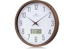 Lafocuse Reloj de Pared Calendario con Fecha y Termometro LCD, Silencioso Reloj Marrón Vintage, Fácil de Leer sin Tictac para Cocina Oficina Dormitorio Salon 30cm