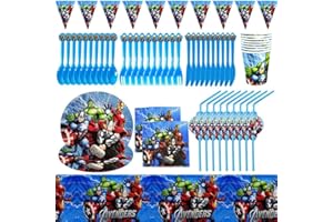 BESTZY Stoviglie di Compleanno Set 82pcs Avengers Tema Forniture per Feste,Set di Articoli per Feste Piatti per Feste Tazze Tovaglioli Tovaglia e Addobbi,Forniture per Feste di Compleanno