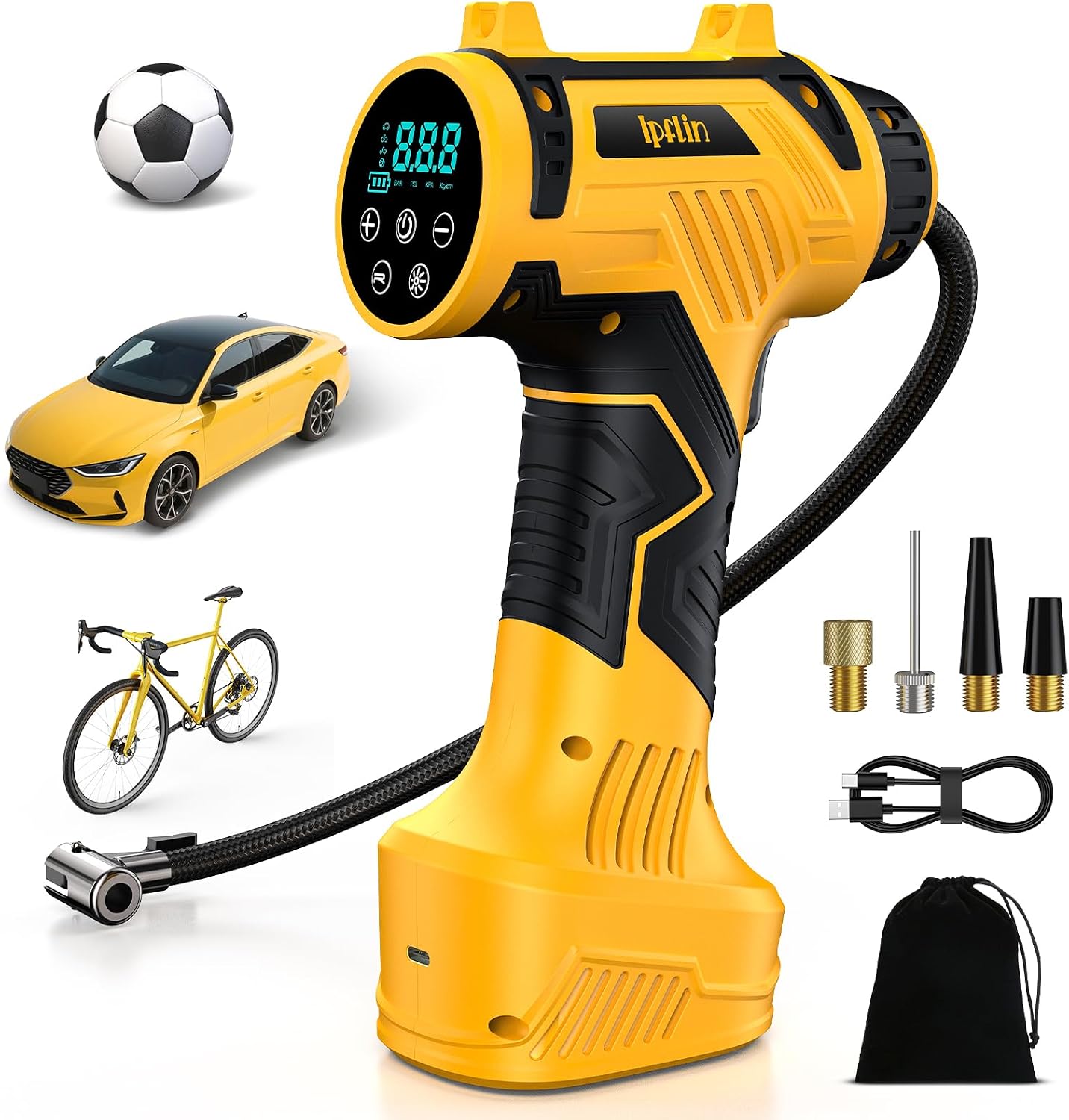 Ipflin Inflador Ruedas Coche 150PSI - 22L/min Compresor Aire Portátil Recargable, Inflador Eléctrico Inalámbrico con Pantalla Digital y Luz LED, 4 Modos Preestablecidos para Coche/Bicicleta/Moto/Balón