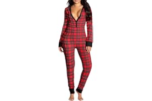 SAEEVIMA Frauen Sexy Funktionaler Jumpsuit Strampler Butt Button Back Flap Body Langarm V Ausschnitt Onesies Lässige Weihnachts Pyjama Nachtwäsche Einteiler Home Overalls Kleidung