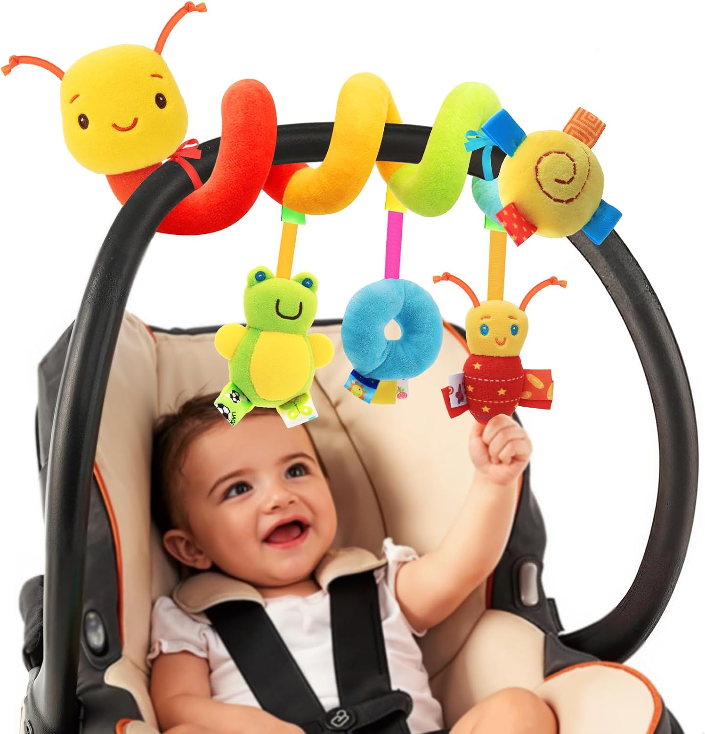 YELUFT Spiral Pram Toys for Babies - Wrap Around Pushchair Stroller Car Seat Toys for 0 3 6 9 12 Month Plush Activity Rattle Hanging Toy Sensory Gift for Newborn Infant Baby