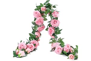 KSNNRSNG Künstlich Rosen Blumengirlande Kunstblumen Seidenblumen Blumen Rose Girlande Hängend Rebe für Zuhause Wand Hochzeit Bogen Anordnung Dekoration (2 Stücke, 9 Blumen - Dunkel Rosa)
