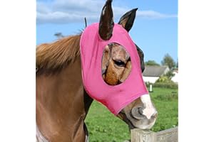VOSSOT Fliegenmaske Pferd, Fliegenhaube Pferde UV-Schutz Fliegenmaske Elastizität Fliegenmaske mit Ohrenschutz Elastische Fliegenmaske für Pferde Atmungsaktive Feine Mesh (Rosa)