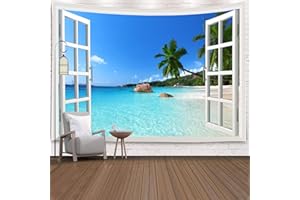 MESNT Tapisserie Murale Plage, Tapisseries d’océan pour la décoration murale en tissu de chambre à coucher pour dortoir de chambre à coucher, Bleu Blanc, 260x240cm