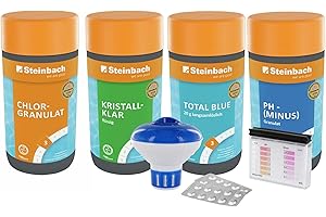 STEINBACH | Wasserpflege Starter Set I Pool Chlor Starterset für Einsteiger I Mini-Multitabs, Kristallklar, Dosierschwimmer, Testkit, pH-Senker & Chlorgranulat | Pool-Zubehör-Set für Anfänger