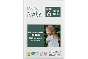 ‎NATY Pieluszki dla dzieci Eco by Naty - ekologiczne pieluszki na bazie roślin, doskonałe dla wrażliwej skóry dziecka, zapobiegają przeciekaniu (rozmiar 6, 102 sztuki)