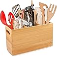 SAUNNIHEN Large Kitchen Utensil Holder, Bamboo Cutlery Holder with 3 Storage Compartments, Removable Tray for Adjustable Space, and 2 Side Handles for Mobility