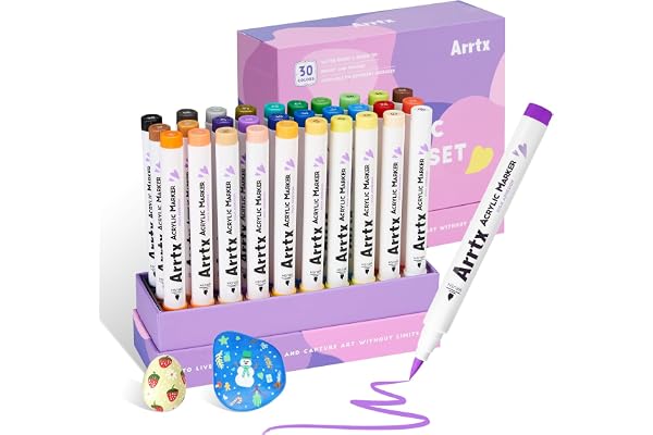 Arrtx 30 couleurs de crayons acryliques imperméables pour peindre à l'eau, pointe du pinceau, séchage rapide, stylos acryliques pour Roche, Bois, métal, Plastique, Verre, Toile
