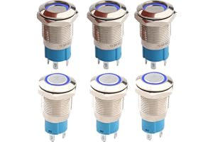 RUNCCI-YUN 6 interruttori a pressione in metallo da 12 mm, DC 12 V/24 V, interruttore SPDT a 4 pin, con luce LED blu, impermeabili, autobloccanti per auto, camper, camion, barche marine (testa piatta)