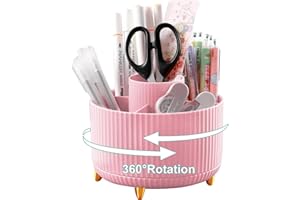 Lenfuos Rotating Pen Pencil Holder Desk Organiser - 360 Degree Pencil Pots Makeup Brush Holder with 5 Compartments for Home Office Supplies Desktop Tidying and Stationary Storage (Pink)