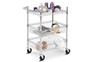 Actask Trolley on Wheels, 3-Tier Shelving Storage Unit with Height-Adjustable Shelves Metal Rack, 500lbs Max Weight Capacity for Laundry Bathroom Kitchen Storage, Chrome, 36 * 29 * 19 In