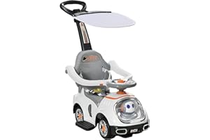 AIYAPLAY 3 in 1 Ride on Push Car, Cartoon Robot Theme Foot to Floor Slider, Baby Push Along Car with Parent Handle, Light Music Horn, Underneath Storage, for Boys Girls 12-36 Months - White