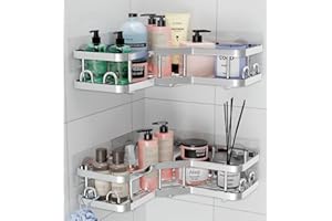HURUC Corner Shower Caddy – 2 Pack Rustproof, Bathroom Corner Shelves, No-Drill Adhesive, Suction for Accessories and Storage,Extra Self Adhesive, Silver