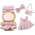 3 Pcs Doll Clothes Compatible with Labubu 17cm Plush Dolls, Light Pink Set Include 1 Halter Dress 1 Bow Hair Clip 1 Handbag for Dolls Premium Outfit, Birthday Holiday Present for Girls Kids（No Doll）