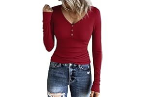 Aottori Camiseta Manga Larga Mujer Cuello en V Camisetas Elegante Punto Acanalado Blusas con Botones Ajustado Elástico Básico Túnica Top