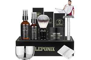 LEPONIX Shaving Kit for Men, Includes Sandalwood Shaving Cream, Mens After Shave Balm, Pre-Shave Oil,Shaving Brush and Bowl, Beard Bib, Aftershave Gift Set for Men Boyfriend Stocking Fillers