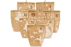 JSDOIN Calendrier de l'Avent à remplir 2025-24 sacsSachets en Papier cadeaux et l'Avent Sachets en Papier, Noël pour travaux manuels (avec pinces en bois)