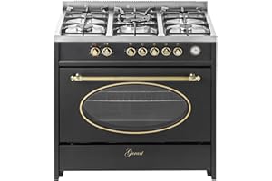 GURARI Cuisinière à gaz GCH E 914 BL r, Rétro à gaz Electrique 90 cm/Nostalgie Range Coocker / 121L / 8 fonctions/Air chaud/barbecue / 5 brûleurs de haute qualité / 4 kw WOK/gaz naturel/gaz propane
