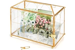 Okllen Glass Card Box with Slot, 25x15x20CM Gold Clear Card Box for Wedding Receptions, Decorative Storage Box with Lock for Baby Shower, Birthday Party, Bridal Shower