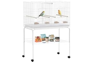 PawHut Jaula para Pájaros con Divisor 94x57x128 cm Pajarera con Ruedas 4 Comederos 4 Perchas y Bandeja Extraíble Jaula para Loros Canarios Periquitos Blanco