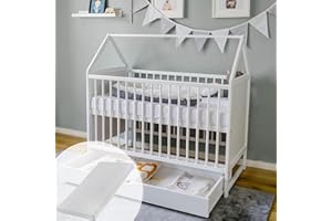 KIDS COLLECTIVE Lit d'appoint pour bébé - 120 x 60 cm - Blanc - avec tiroir - réglable en Hauteur et Transformable, avec Matelas